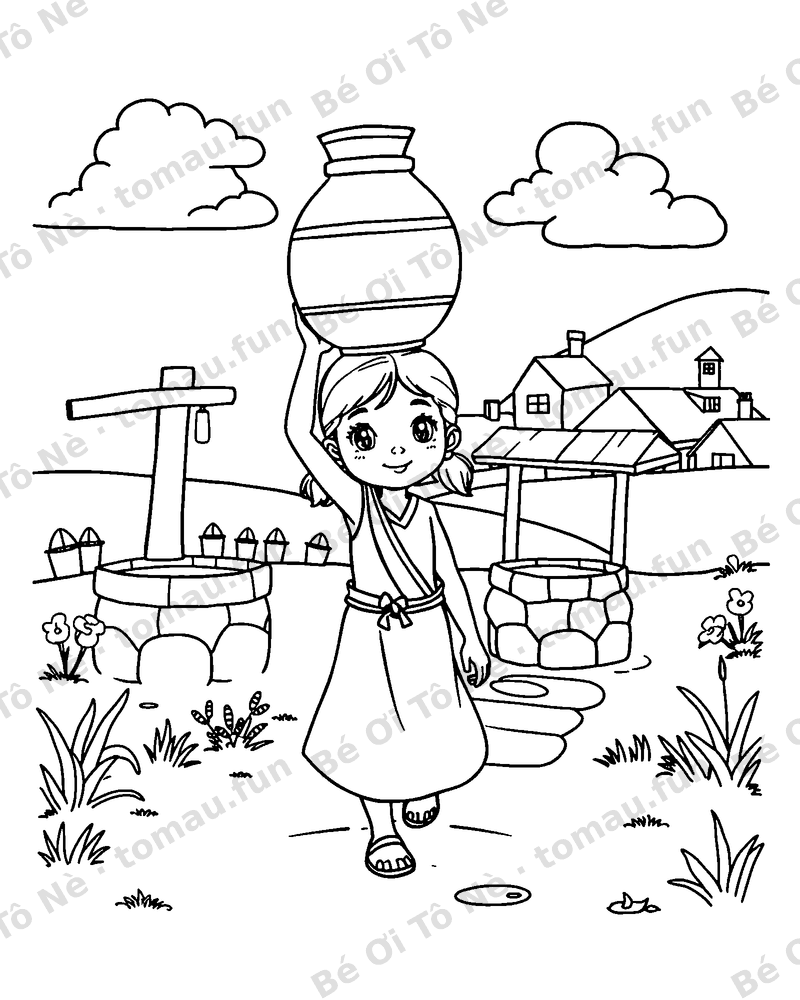 Bé gái làng mang bình nước từ giếng