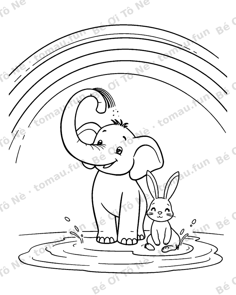Bé voi phun nước tắm cho bạn thỏ dưới cầu vồng