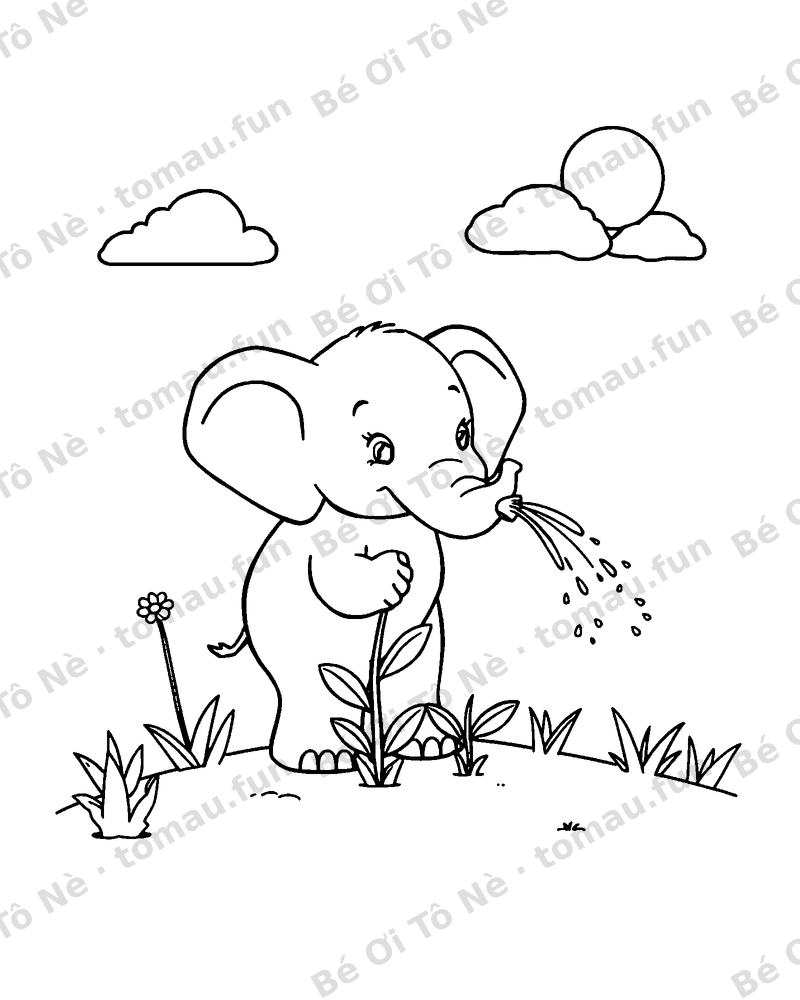 Chú voi nhỏ tưới nước cây cối