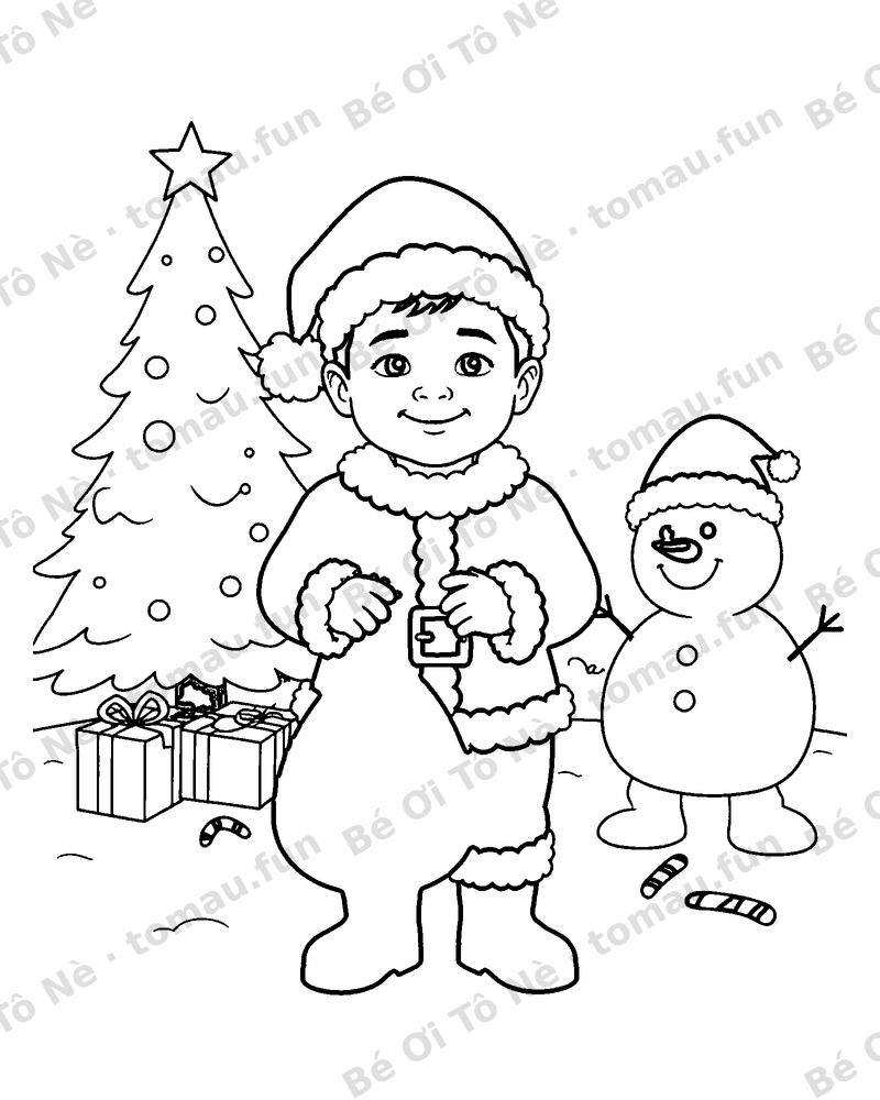 Tranh tô màu Giáng sinh: Bé mặc đồ Ông già Noel cạnh cây thông và người tuyết