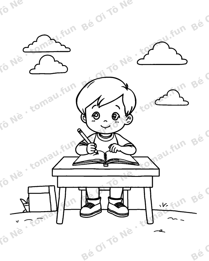 Tranh tô màu Khai giảng: Bé tập viết trong vở ghi chép