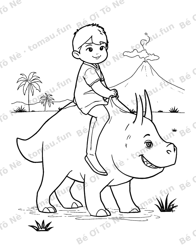 Bé cưỡi khủng long ba sừng thân thiện