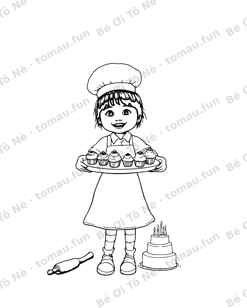 Tranh tô màu cho bé 2 tuổi: Đầu bếp nhí bưng khay bánh cupcake