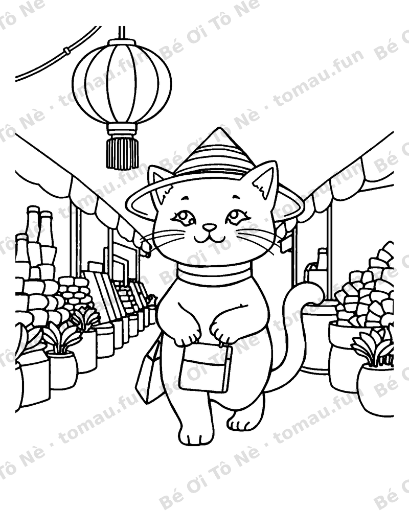Con mèo đội nón lá đi chợ tết