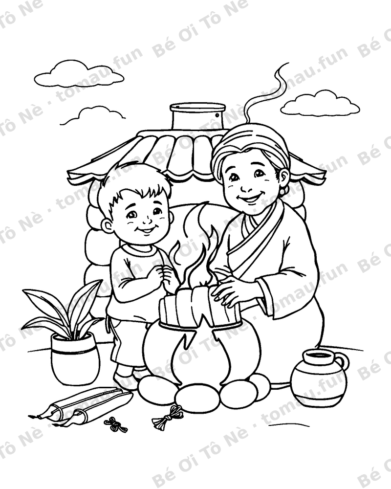 Bé và bà gói bánh tét bên bếp lửa