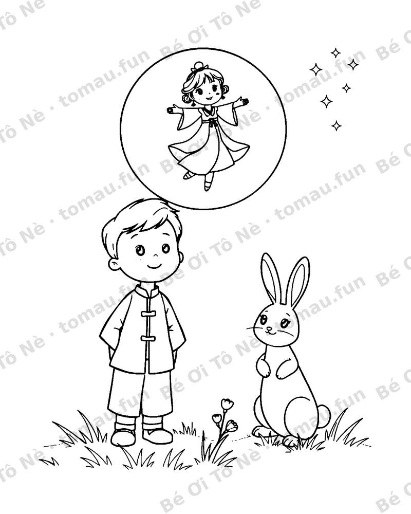 Bé và thỏ ngắm Chị Hằng trên trăng