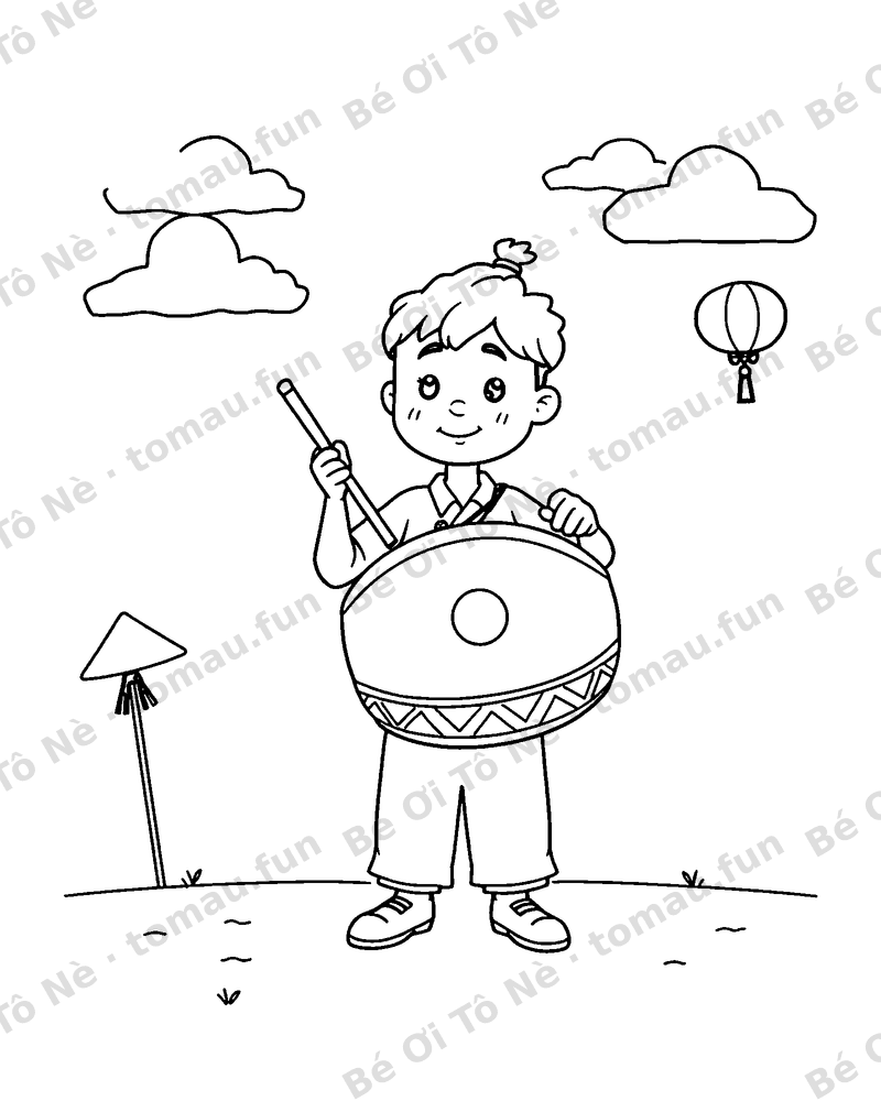 Tranh tô màu Trung Thu: Người chơi chiêng Trung Thu