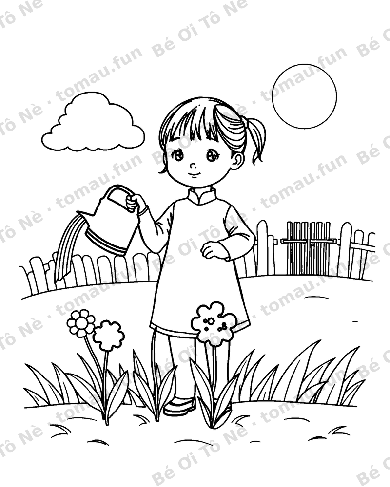 Bé tưới hoa trong vườn