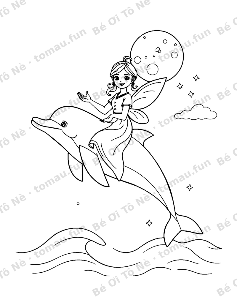 Cô tiên cưỡi cá heo bay trên biển đêm trăng