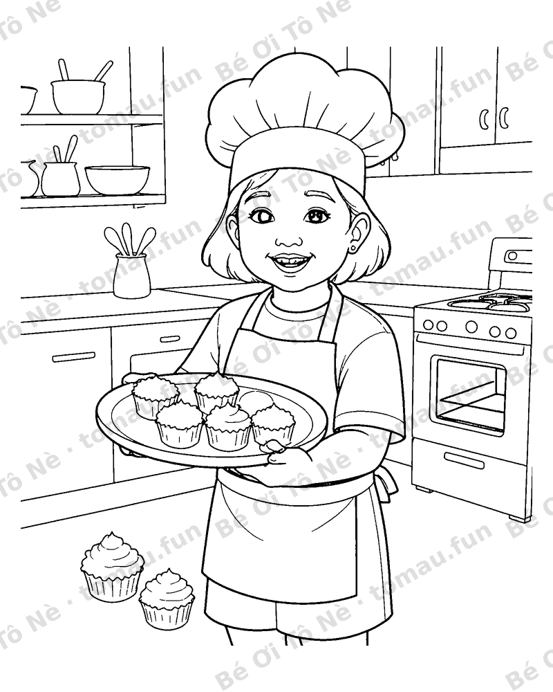 Bé làm đầu bếp bưng khay bánh cupcake