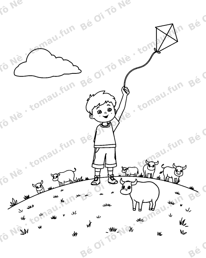 Bé thả diều trên đồi cỏ có đàn bò