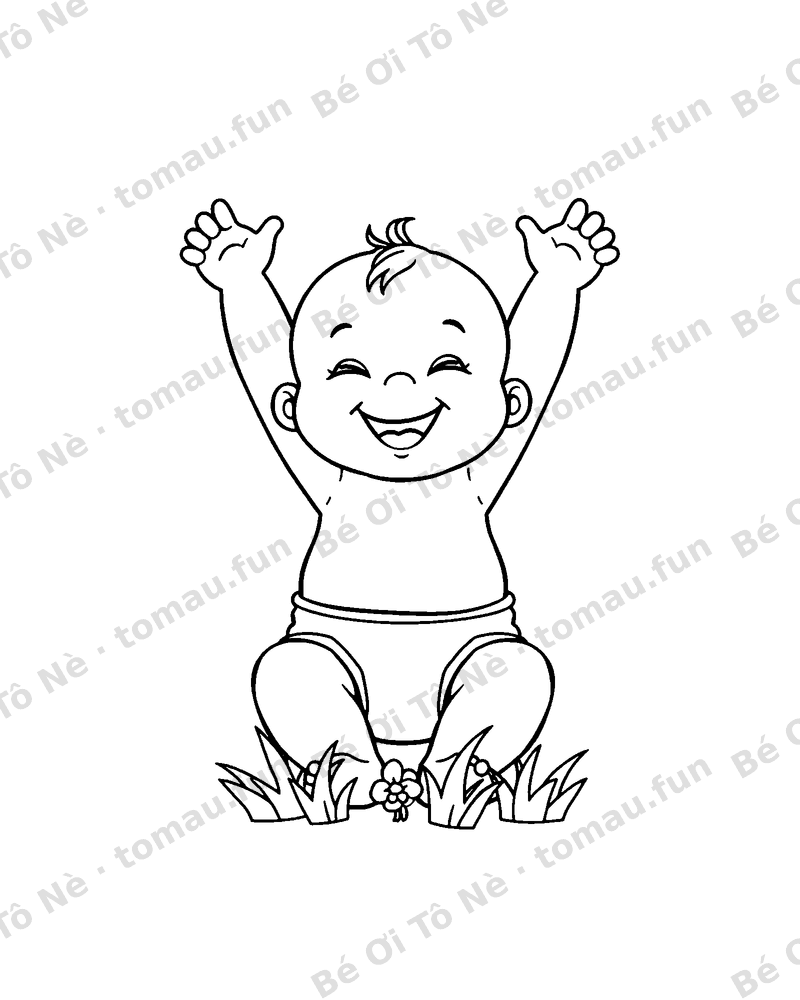 Bé ngồi giơ tay vui vẻ